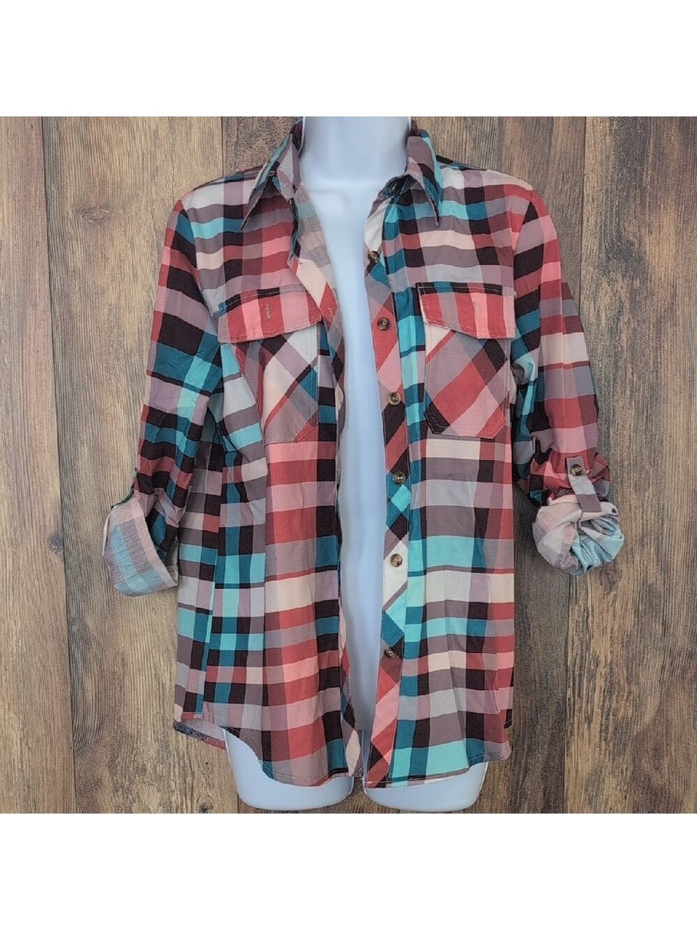 Vibrant Plaid Aqua Orange Brown Button-Up Shirt S -715AD